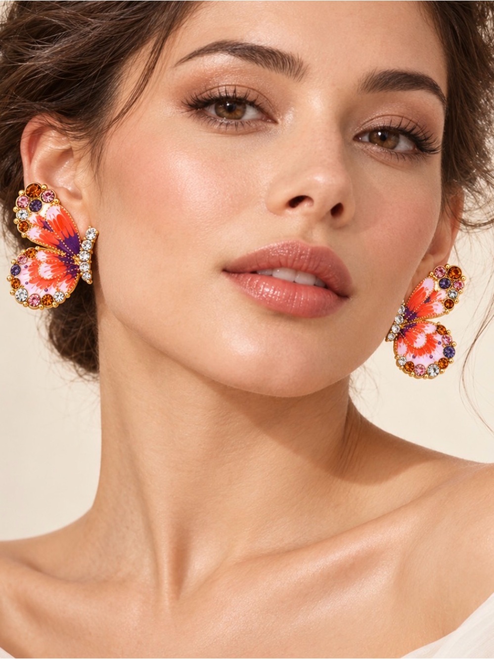 Farm Rio Lele Sadoughi Style Crystal Butterfly Statement Earrings Resort Glam